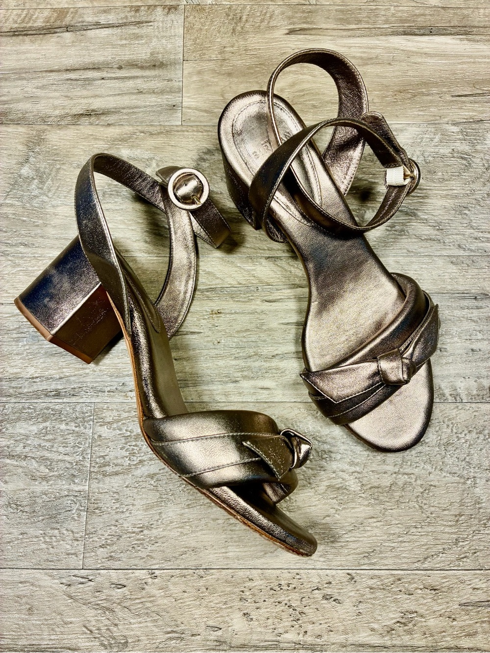 Alexandre Birman Clarita Block Heel Leather Ankle Strap Sandals Gold